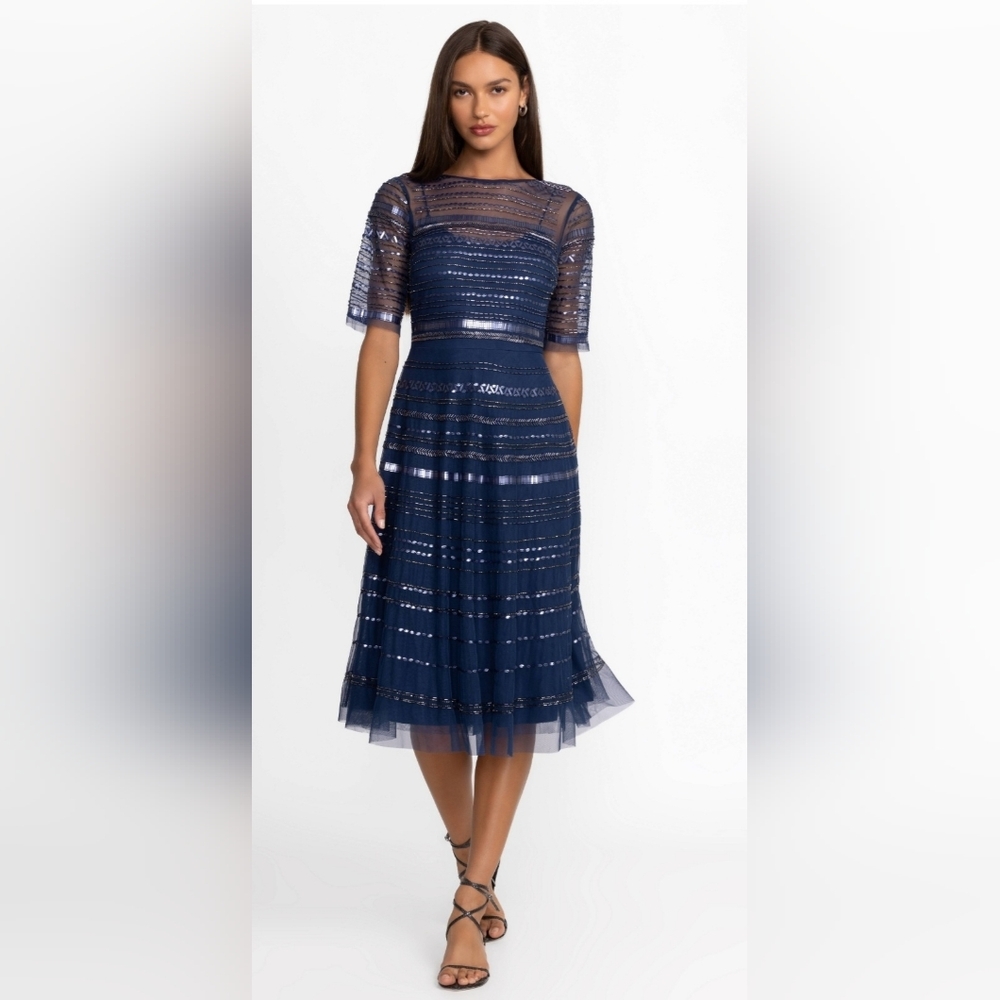 NWT Size 10 Johnny Was Navy & Silver Beaded Sequin Midi Cocktail Dress - Picture 2 of 6